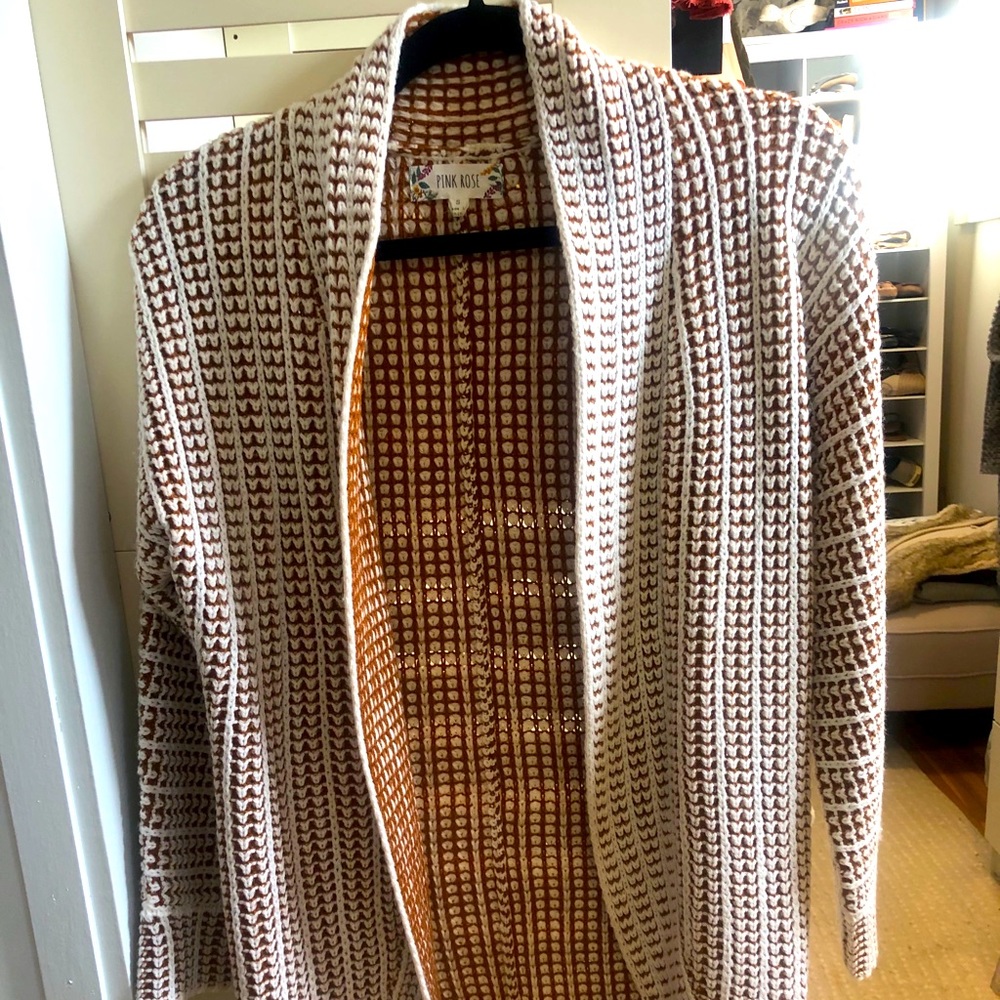 Pink Rose Open Front Cardigan Sweater Rust/White